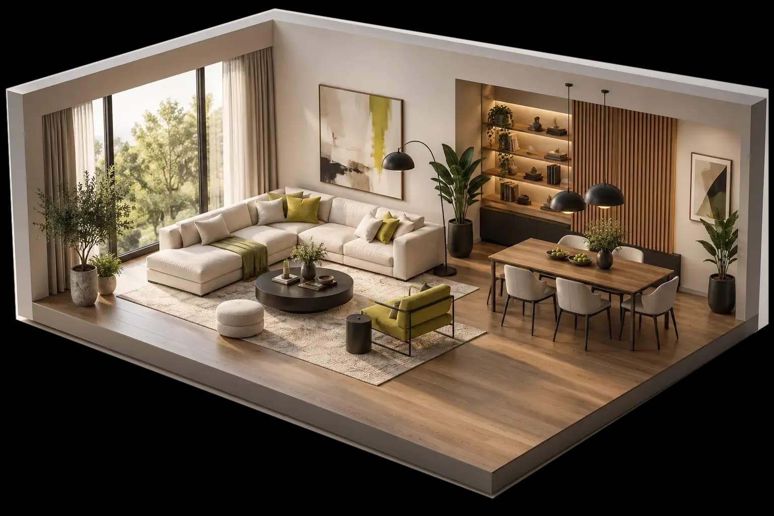 A furnished contemporary room shown as a HukayaHomes 3D preview